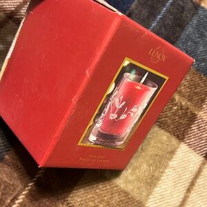 Lenox Holiday Frosted Red pillar Candle and holder